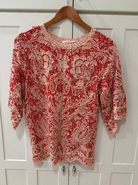 Solitaire Red White Lace Embroidered Top Boho Blouse ( XS / S approx.)